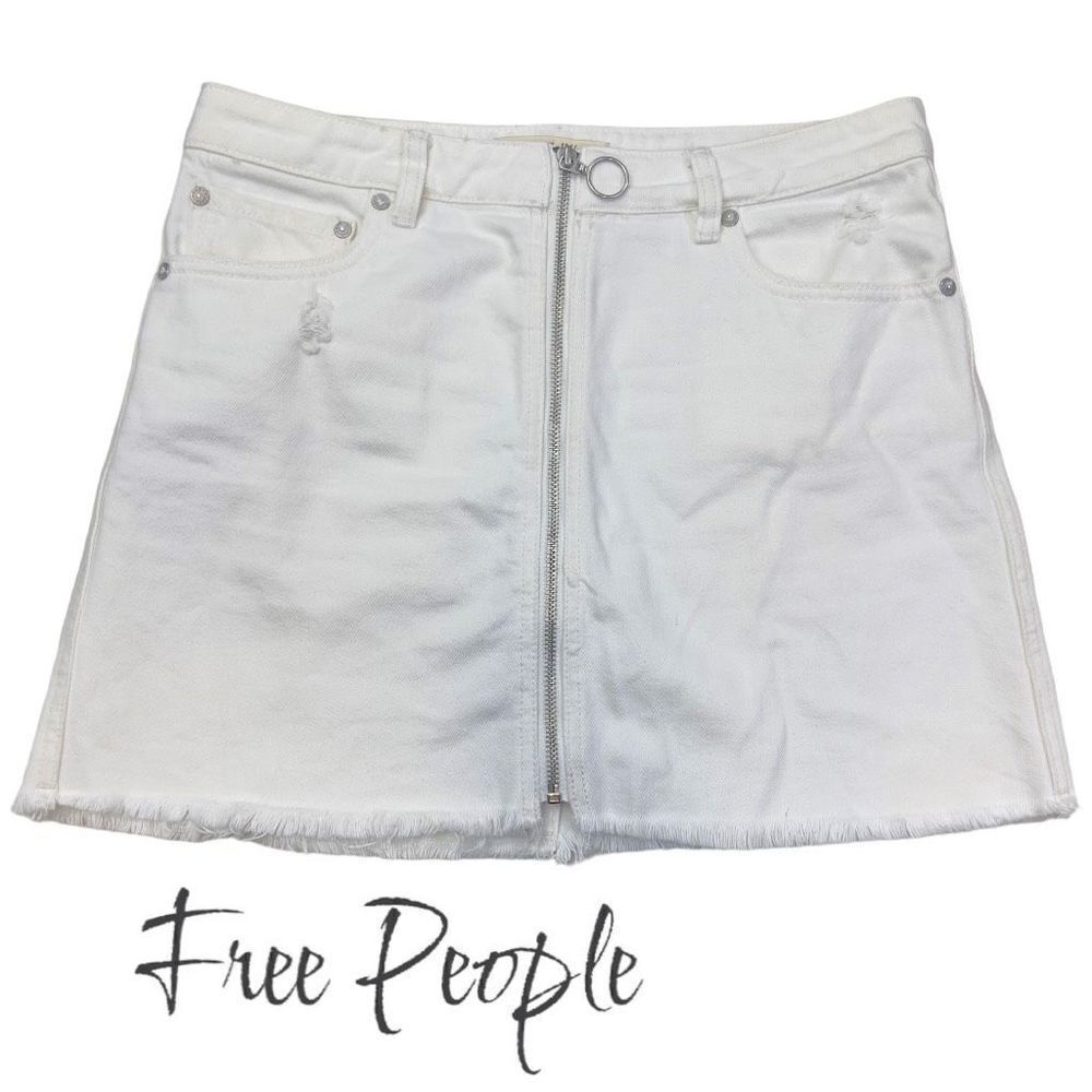 Free People Skirt Women's 27 White Front Zip Denim Jean Short Mini Skirt